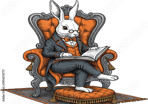 Vintage Victorian Gentleman Rabbit Scholar Vector Illustration, Anthropomorphic Hare in Suit Reading Book in Ornate Armchair, Classic Engraving Style for Literary and Fairy Tale Designs