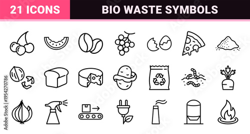 Sustainable Bio Waste Management and Circular Food Economy Ultra-Minimalist Monoline Outline Symbols for Professional Ecological Database Indexing