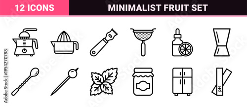 Citrus Fruit and Orchard Agriculture Minimalist Monoline Icon Set for Juice Production and Botany UI Design with Clean Geometric Outlines