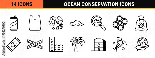 Ocean Plastic Pollution and Marine Conservation Ultra-Minimalist Monoline Geometric Line Art Symbols for Environmental Awareness and Ecology.