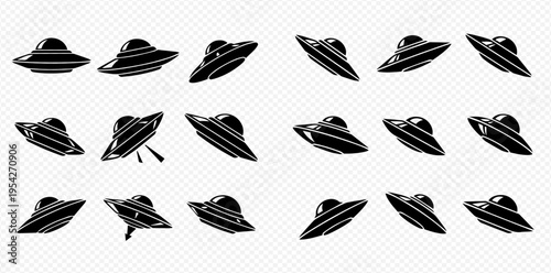 Set of black and white UFO icons in various angles, depicting alien spacecrafts or flying saucers.
