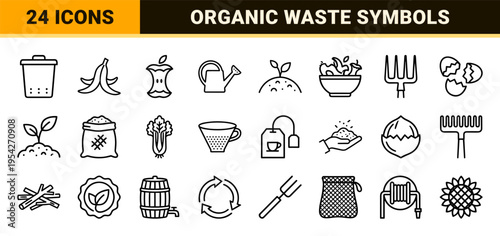 Organic Composting and Sustainable Waste Management Ultra-Minimalist Monoline Geometric Line Art Icons for Eco-Friendly Urban Gardening UI.