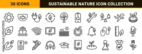 Circular Economy and Environmental Sustainability Ultra-Minimalist Monoline Outline Icons for Green Energy, Eco-Friendly Tech, and Nature Conservation.