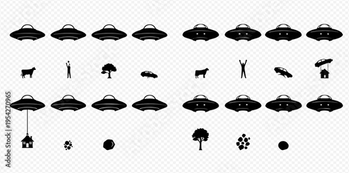 Set of UFO icons with various abduction scenarios, including a person, cow, car, and house being lifted by a beam of light.