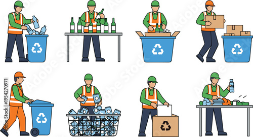 Collection of Recycling Workers and Waste Sorting Process Set with People Sorting Plastic Glass and Paper in Flat Style Environmental Illustration