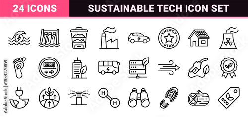 Sustainable Green Energy and Eco Conservation Ultra-Minimalist Monoline Icons Set for Professional Environmental Technology UI Design