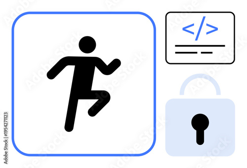 Cybersecurity, software development, digital safety, coding, secure technology, online protection. Minimalist icon of a running person, code snippet and a padlock. Cybersecurity and software