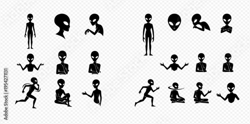 Set of black alien silhouettes in various poses and expressions, extraterrestrial beings from outer space, isolated vector illustrations.