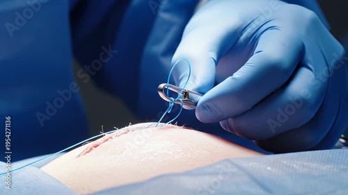 Surgeon's gloved hands performing surgical suturing with needle holder and thread