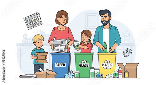 A family of four is depicted in a colorful vector illustration sorting recyclables into labeled bins for paper, glass, and plastic.