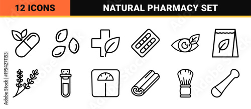 Natural Medicine and Herbal Supplement Icon Set with Minimalist Geometric Outlines for Organic Pharmacy and Botanical Research Interface Design