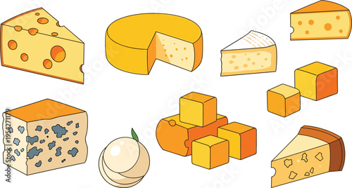 Collection of Various Cheese Types Set Including Swiss Cheddar Blue Cheese Cubes and Slices in Flat Hand Drawn Style Isolated on White Background