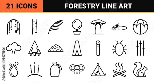 Botanical Arboriculture and Forestry Management Ultra-Minimalist Monoline Geometric Line Art Symbols for Commercial Environmental Design