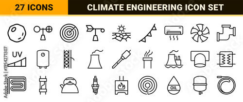 Meteorology and Thermodynamics Ultra-Minimalist Monoline Geometric Line Art Symbols for Climate Monitoring and Thermal Engineering Systems