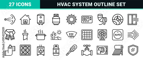 Thermodynamics and HVAC Climate Control Systems Ultra-Minimalist Monoline Vector Outline Symbols for Technical Engineering and Home Automation