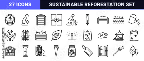 Ecological Conservation and Reforestation Ultra-Minimalist Monoline Icons for Environmental Sustainability and Green Energy Initiatives