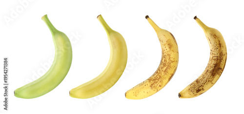 Ripening stages of banana fruits on white background, set