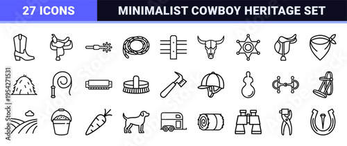Hand-Drawn Rustic Western Ranch Life Icons Featuring Horses Cowboy Gear and Nature Elements in Minimalist Black Ink Line Art Style