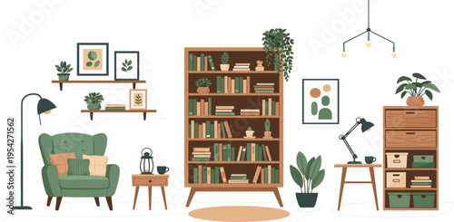 Cozy Home Library Interior with Bookshelf Armchair and Plants for Reading Corner Living Room Decor and Modern Interior Illustration Design