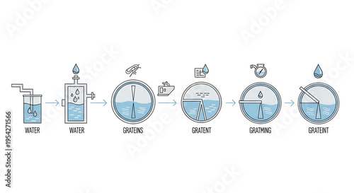 A vector graphic illustrating a step-by-step industrial process of water treatment and filtration