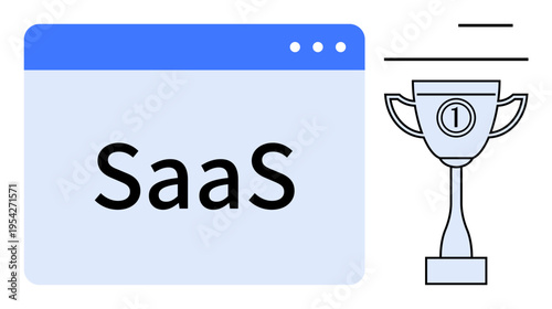 SaaS concept. SaaS in a browser window alongside a trophy success in cloud software solutions. SaaS demonstrating innovation and user-centric services. For technology, business growth, awards, cloud