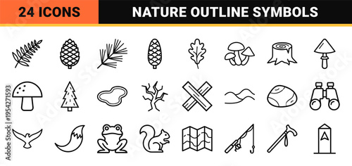 Woodland Nature and Outdoor Adventure Minimalist Monoline Icon Set for Professional UI Design and Environmental Branding Assets