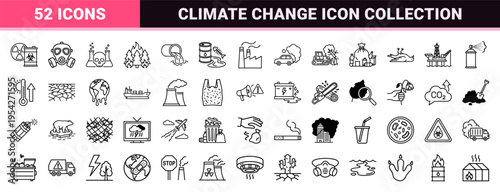 Ecological Crisis and Industrial Pollution Monoline Icons Featuring Climate Change Global Warming and Toxic Waste Management Geometric Line Art