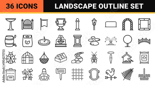 Classical Garden Architecture Ultra-Minimalist Monoline Geometric Line Art Symbols for Professional Landscape Design and Exterior Planning