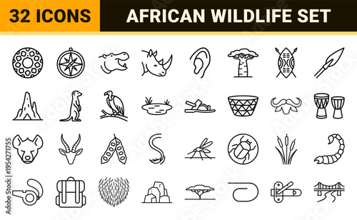 African Savanna Wildlife and Safari Adventure Symbols in Ultra-Minimalist Geometric Monoline Style for Commercial Interface Design