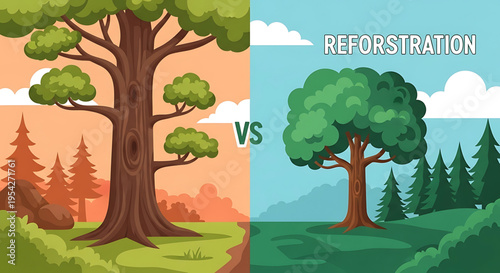 A vector graphic illustration comparing deforestation and reforestation with a tree on each side