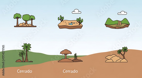A vector graphic illustration of various cerrado landscape scenes with trees and rocks