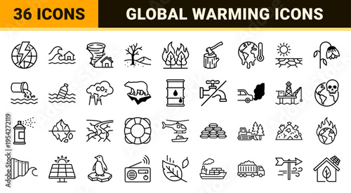 Climate Crisis and Environmental Disaster Ultra-Minimalist Geometric Line Art Icon Set for Ecological Awareness and Global Warming Visualization