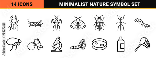 Entomology and Pest Control Geometric Line Art Symbol Set featuring Ultra-Minimalist Monoline Insect Species and Laboratory Equipment Icons