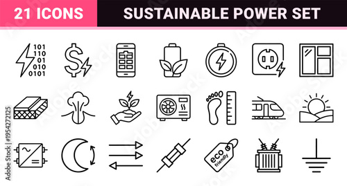 Sustainable Energy and Green Technology Ultra-Minimalist Monoline Outline Icon Set for Eco-Conscious Infrastructure and Power Industry Design.