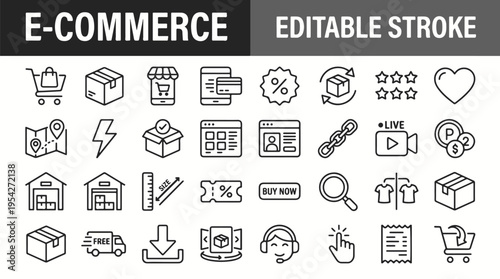 Black and white ecommerce illustration with shopping bag laptop and credit card on a clean background