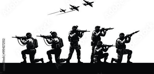 Military soldiers silhouette squad in tactical gear with rifles and rocket launcher kneeling on ground while combat aircraft fly in formation overhead.