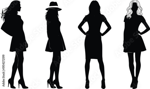 Elegant collection of female fashion silhouettes in stylish dresses and high heels with diverse poses and hairstyles isolated on white background for design