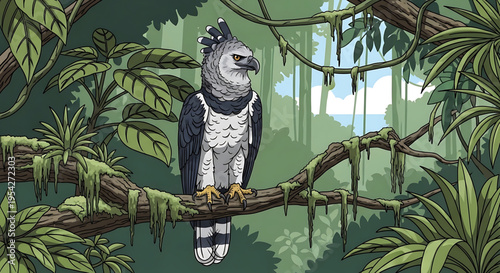 A majestic eagle perched on a mossy branch in a lush jungle environment, surrounded by vibrant greenery and exotic plants.