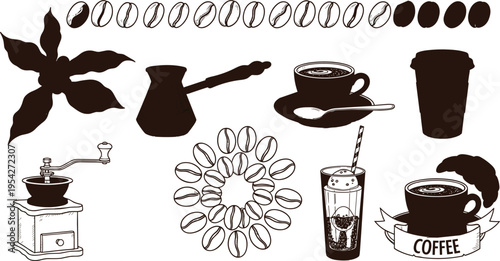 Coffee Icons Set with Hand Drawn Espresso Beans Silhouette Illustrations Grinder Cezve Takeaway Cup Iced Coffee and Croissant Sketch for Cafe Menu Design