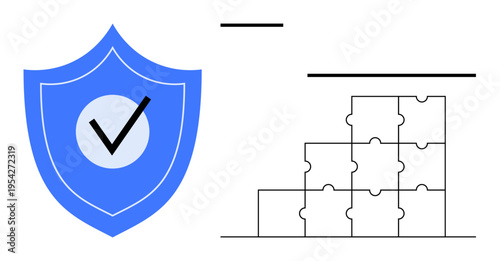 Security concept. Security ed by a shield with a checkmark alongside interlocking puzzle pieces system integration. Security in technology, data protection, and team collaboration. For cybersecurity