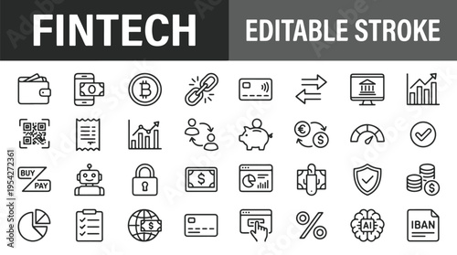 Financial technology concept with black and white illustration of digital payment online banking and fintech innovation