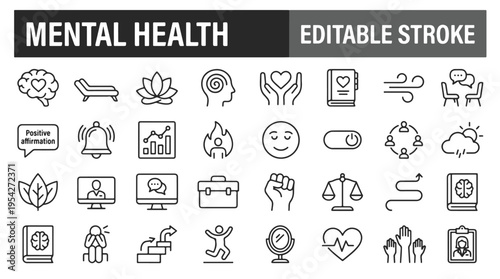 Mental health awareness illustration with a person surrounded by thoughts and emotions in black and white