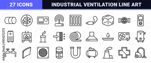 HVAC System and Climate Control Ultra-Minimalist Monoline Icons for Industrial Ventilation, Heating, and Cooling Technology Diagrams