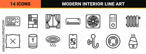 Ultra-minimalist monoline smart home climate and interior comfort icons featuring geometric line art symbols for residential living and automation.