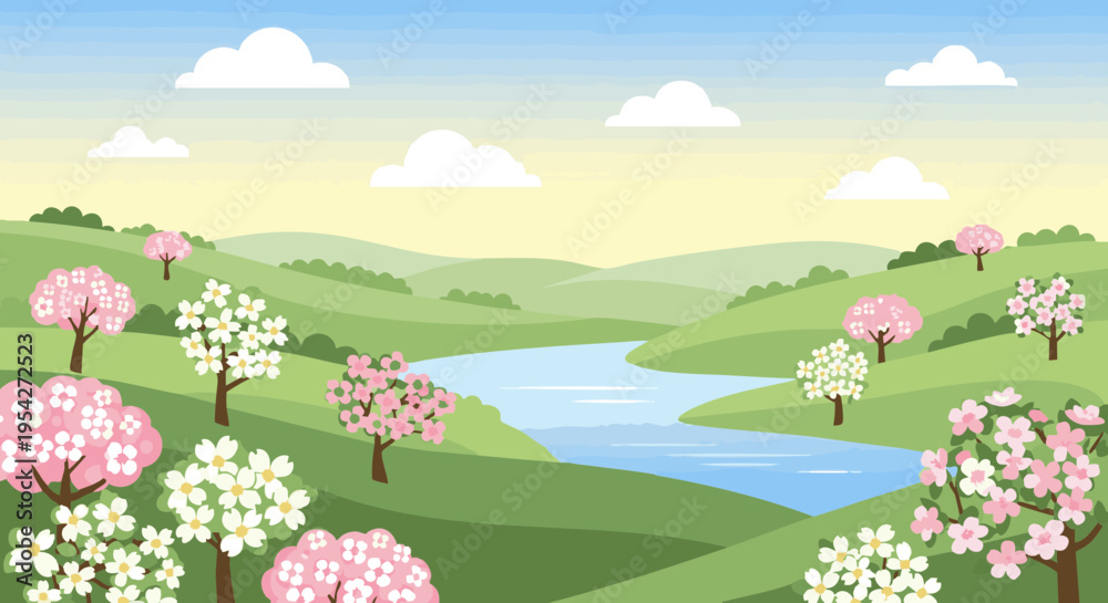 Fototapeta premium Spring landscape with blooming cherry trees, a winding river, and green rolling hills. Vector illustration.