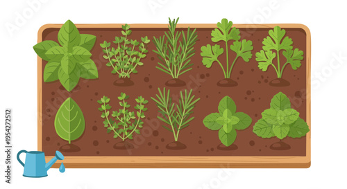Vector illustration of a herb garden in a wooden planter box with basil, rosemary, thyme and parsley.
