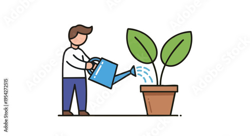 Vector illustration of a man watering a potted plant. Concept of growth, care, and development.