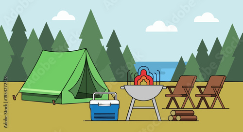 Campsite illustration with tent, grill and chairs in a forest by a lake. Outdoor recreation concept.