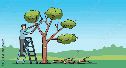 Man on a ladder cutting tree branches with shears. Cartoon vector illustration of a gardener working outdoors.