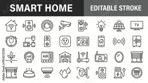 Modern smart home technology illustration with black and white minimalist design elements and various devices